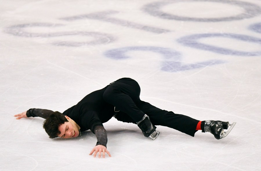 Keegan Messing of Canada performs during the Men Free Skating Program at the Figure Skating World Championships in Stockholm, Sweden, Saturday, March 27, 2021.