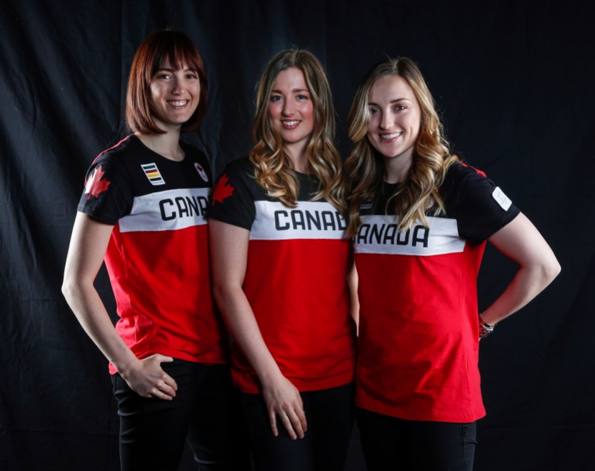 Maxime Dufour-Lapointe, Chloe Dufour-Lapointe, Justine Dufour-Lapointe Canadian Olympic athletes, left to right, Maxime Dufour-Lapointe, Chloe Dufour-Lapointe, and Justine Dufour-Lapointe poses for a photo at the Olympic Summit in Calgary, Alta., Saturday, June 3, 2017.