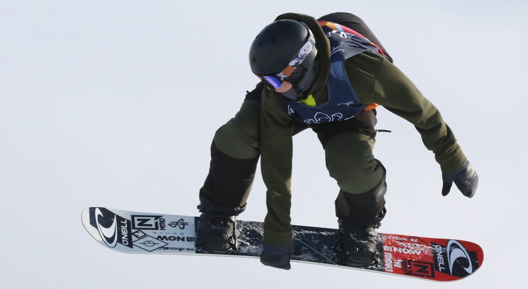 Men's bronze medalist Liam Brearley of Canada competes in the finals of the FIS Snowboard World Cup, Snowboard Slopestyle, in Calgary, Alta., Sunday, Feb. 16, 2020.