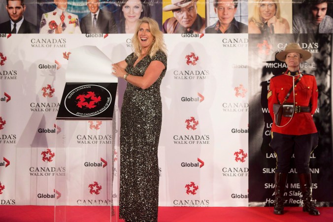 Silken Laumann unveils her plaque as she is inducted into Canada's Walk of Fame during an event in Toronto on Saturday November 7, 2015.