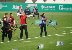Stephanie Barrett of Canada competes in the mixed recurve team at the Lima Pan American Games on Saturday, Aug. 10, 2019. THE CANADIAN PRESS/HO-COC, Dave Holland, *MANDATORY CREDIT*