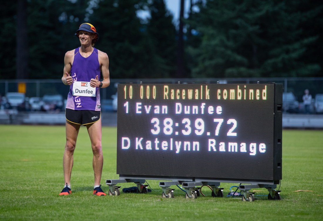 Evan Dunfee, of Richmond, B.C., races to a new Canadian record of 38:39.72 in the 10,000 metre race walk event during the Harry Jerome International Track Classic, in Burnaby, B.C.