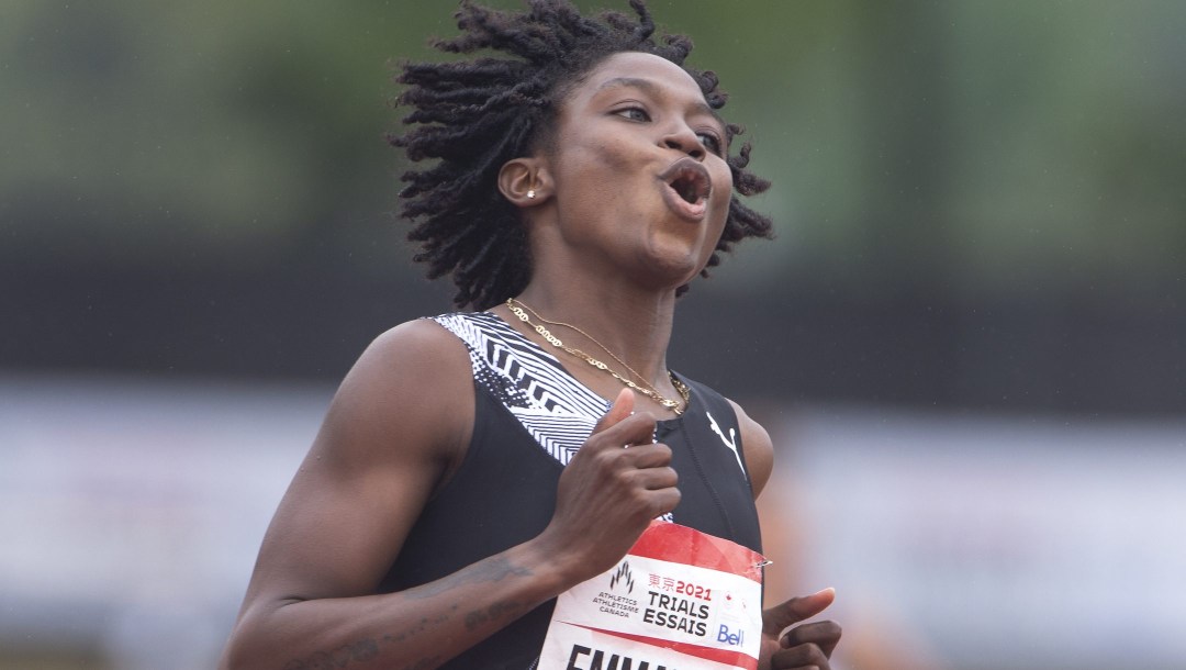 Crystal Emmanuel reacts after winning the Women’s 200m final, Saturday, June 26, 2021 at the Canadian Track and Field Olympic trials in Montreal. THE CANADIAN PRESS/Ryan Remiorz