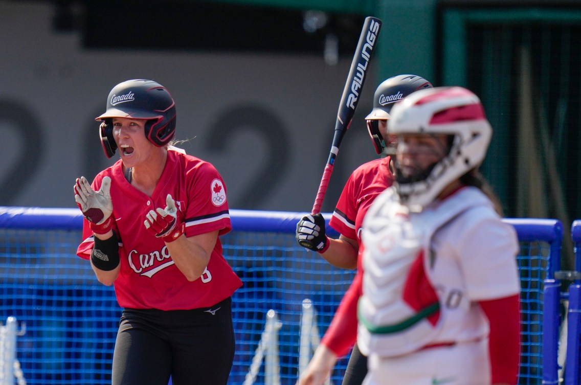 Canada's Victoria Hayward reacts during Tokyo 2020 softball game vs Mexico