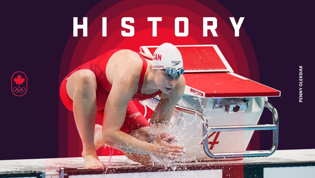 A graphic showing Penny Oleksiak at the side of the pool, with the word "history" above her.