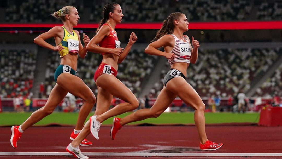Canadian runner Julie-Anne Staehli competes in the first round of the Women's 5000m heat during the Tokyo 2020 Olympic Games on Friday, July 30, 2021.