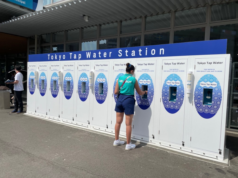 A row of water fill stations for use with a personal water bottle