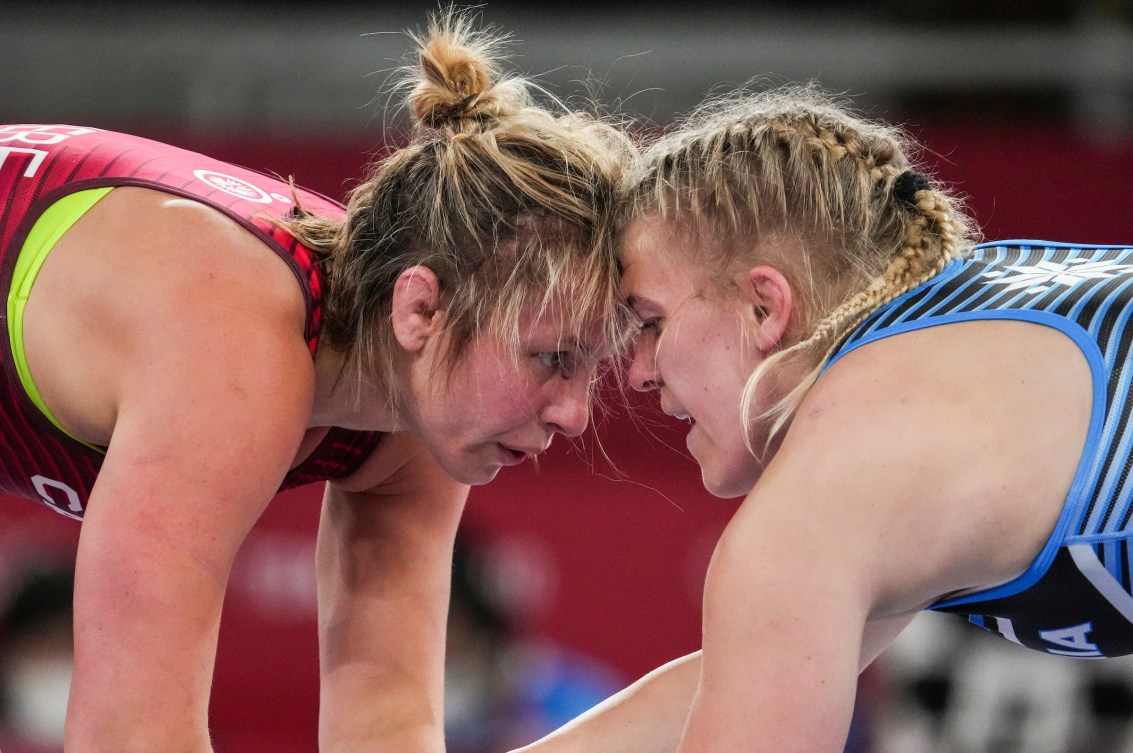 Erica Wiebe in a wrestling match 