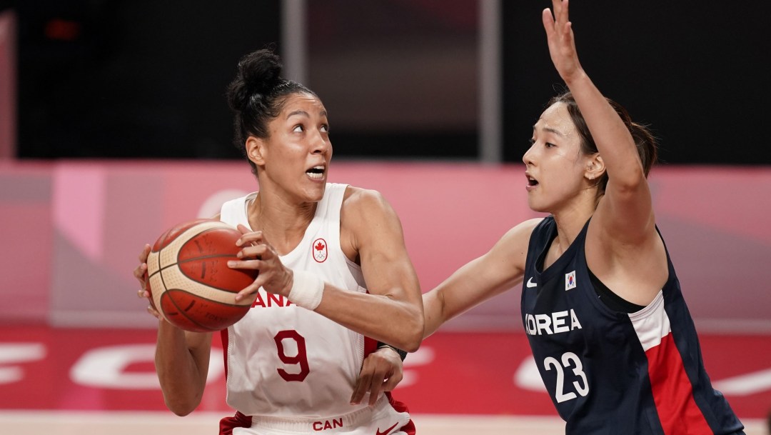 Miranda Ayim holds ball against South Korean player