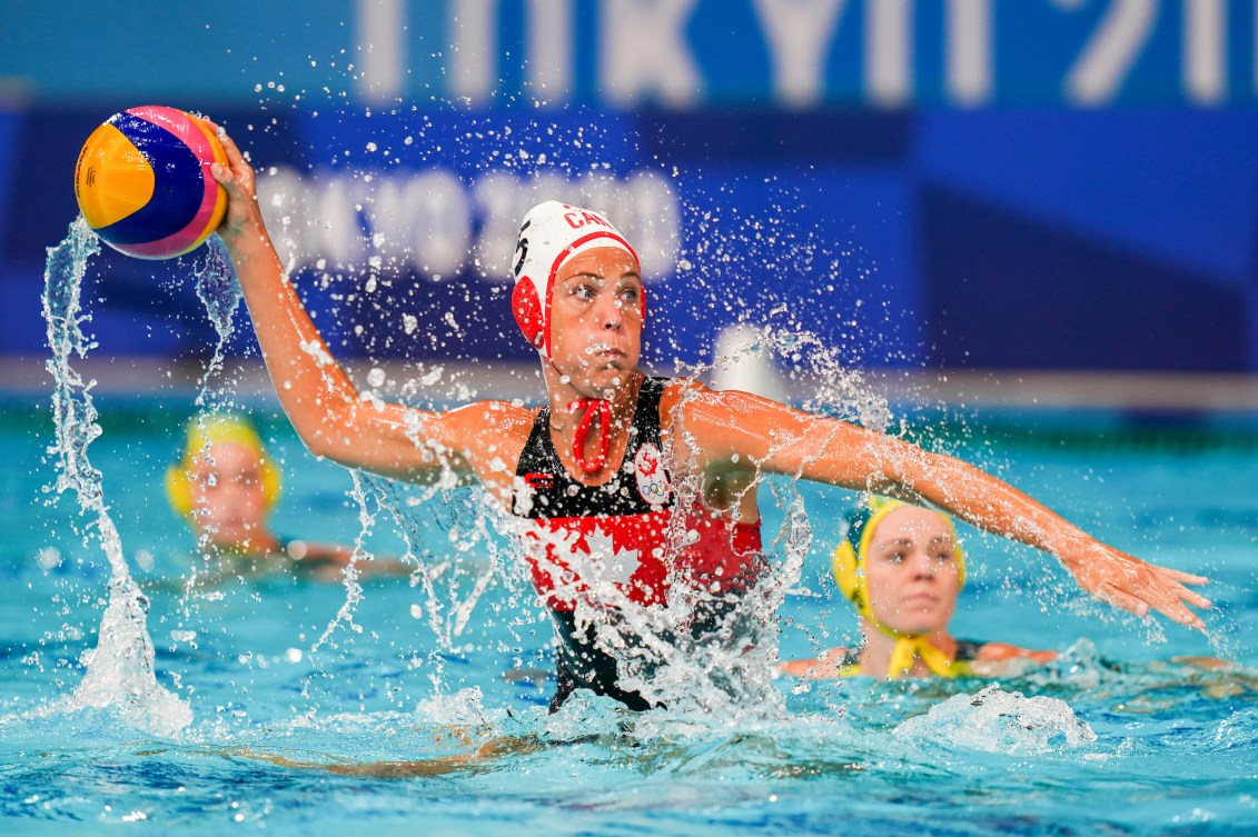 Water polo player prepares to throw ball