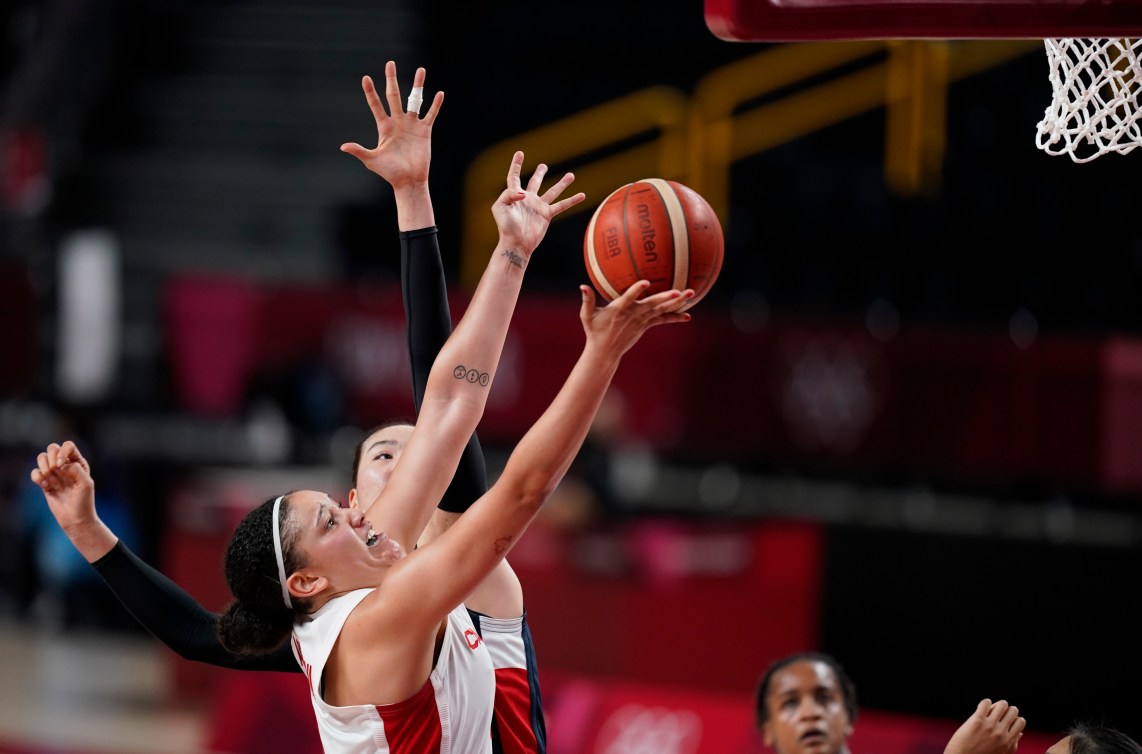 Natalie Achonwa drives to the basket.