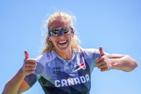 Laurence Vincent Lapointe gives two thumbs up after winning silver