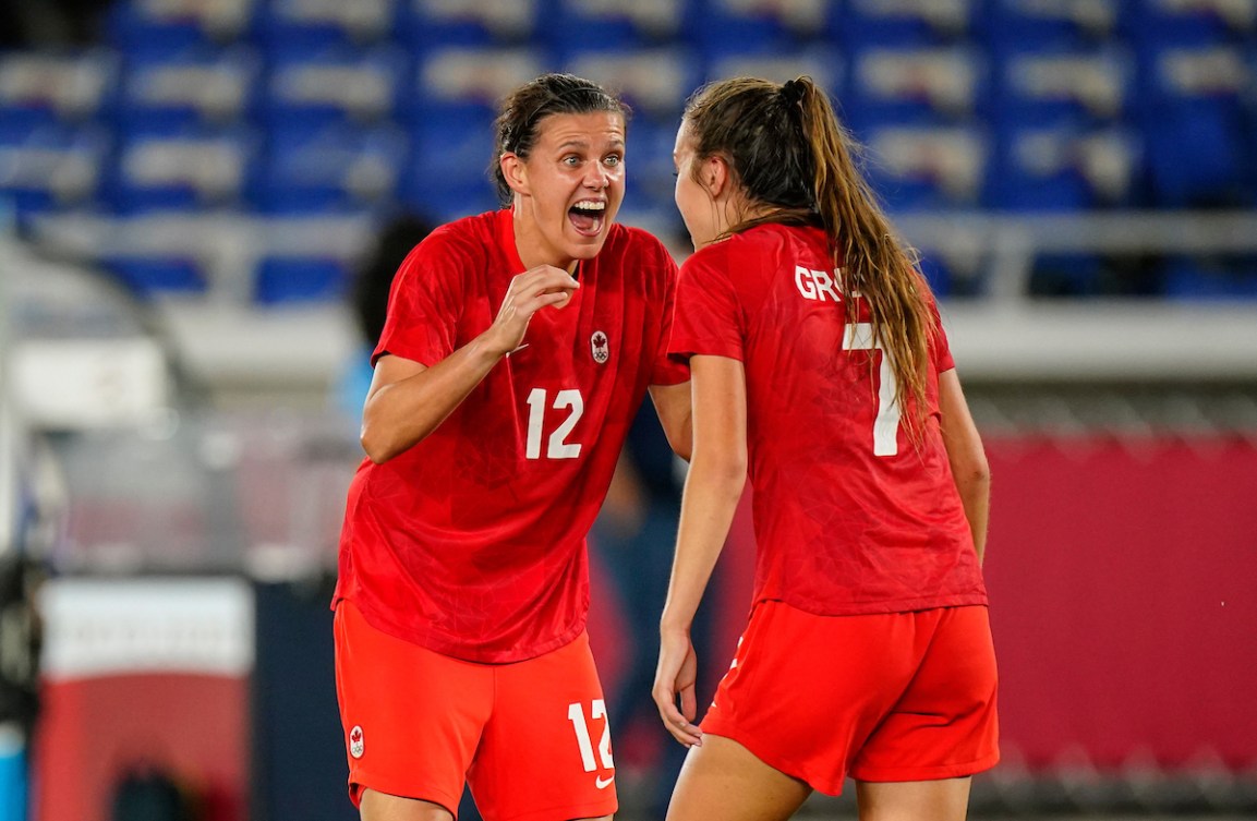 Christine Sinclair celebrates with teammate Julia Grosso