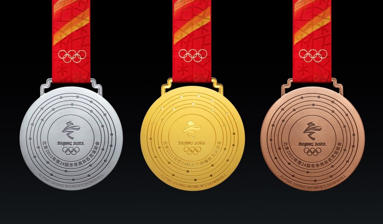 Gold silver and bronze Beijing 2022 medals showing the back view