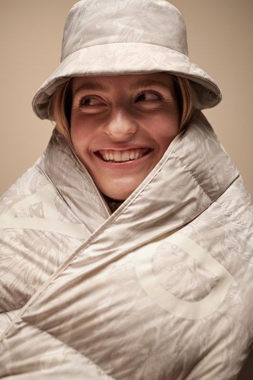 Frederique Turgeon wrapped in a white quilted scarf