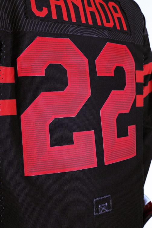 Close up of back of Team Canada black hockey jersey for Beijing 2022 