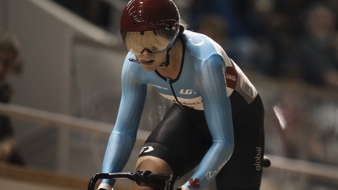 Kelsey Mitchell of Canada, competes during the women's sprint race at the UCI Track Cycling World Championship in Roubaix, north of France, Thursday, Oct. 21, 2021. (AP Photo/Thibault Camus)