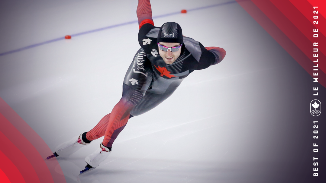 Laurent Dubreuil rounds the corner on the speed skating track.