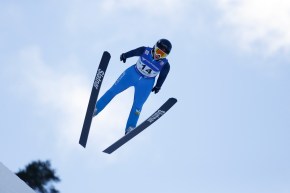 Abigail Strate of Canada soars through the air during the FIS Ski Jumping Women's World Cup in Ramsau, Austria, Friday, Dec. 17, 2021.