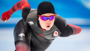 Close up of Brooklyn McDougall in a speed skating race