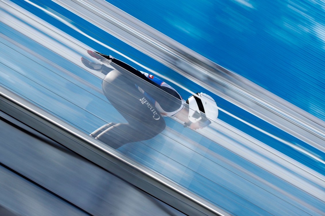 Canada's Matthew Soukup builds up speed for his jump during a men's ski jumping HS109 training, at the Nordic Ski World Championships, in Seefeld, Austria, Tuesday, Feb. 26, 2019.