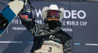 Canada’s Sebastien Toutant celebrates on the podium after winning gold in the men's World Cup slopestyle snowboard event in Calgary, Alta., Saturday, Jan. 1, 2022. THE CANADIAN PRESS/Evan Buhler