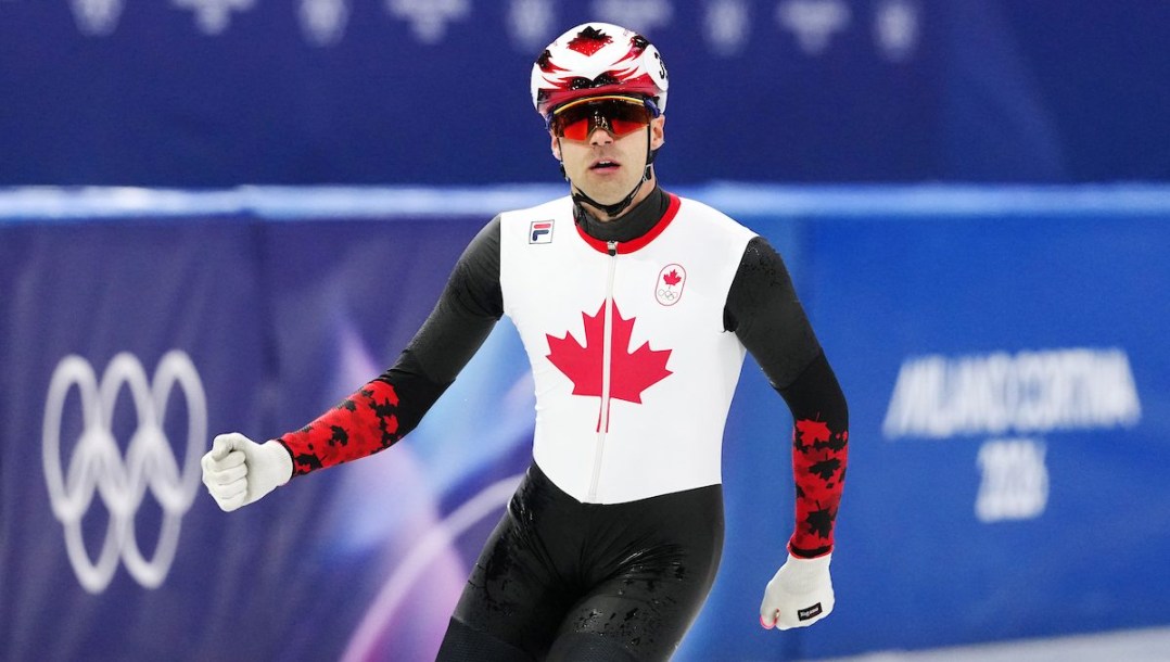 Maxime Laoun competes in short track speed skating.