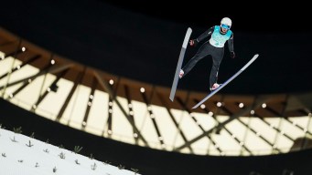 Matthew Soukup soars towards the camera while doing a ski jump