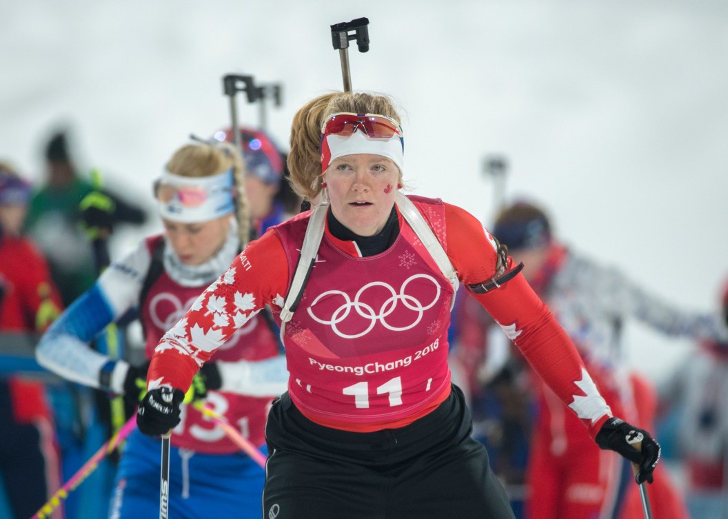 Canada's Sarah Beaudry warms up prior to the start of the women's 4x6km biathlon relay at the PyeongChang 2018 Olympic Winter Games in Korea, Thursday, February 22, 2018.