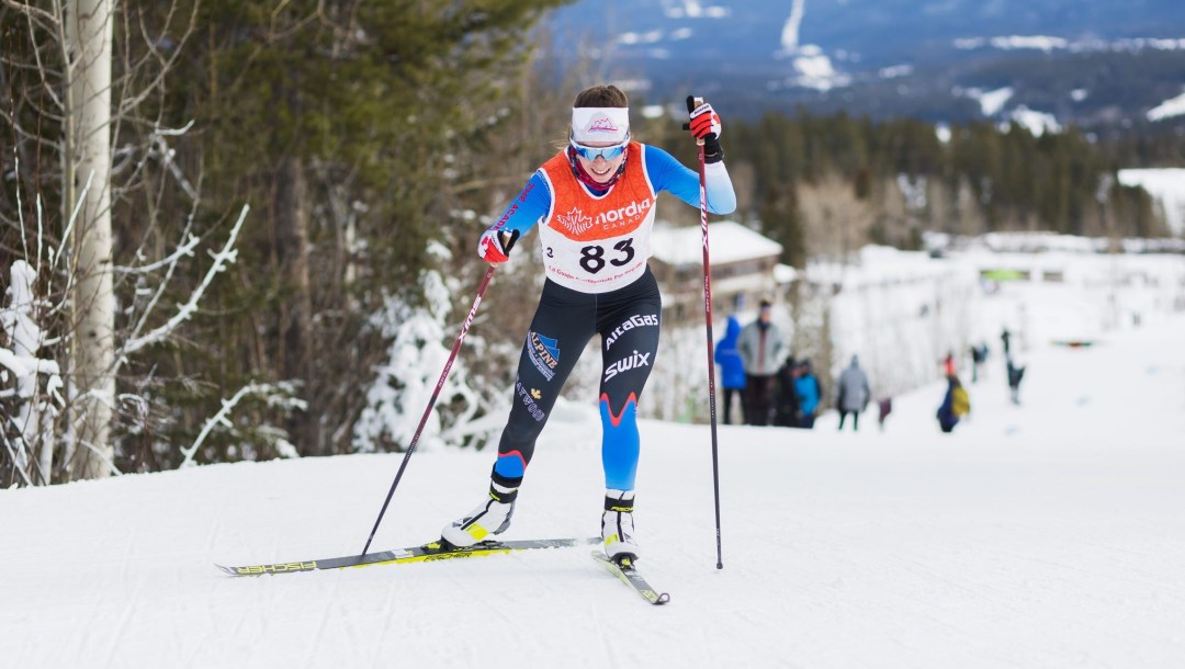 Katherine Stewart-Jones competes in a cross country skiing race.