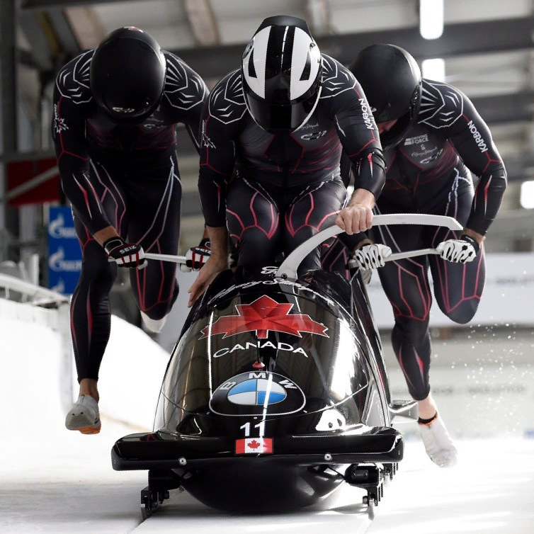 Team Justin Kripps, Ryan Sommer, Cameron Stones and Benjamin Coakwell of Canada start during the four-man bobsled first race at the Bobsleigh and Skeleton World Championships in Altenberg, eastern Germany, Saturday, Feb. 29, 2020.