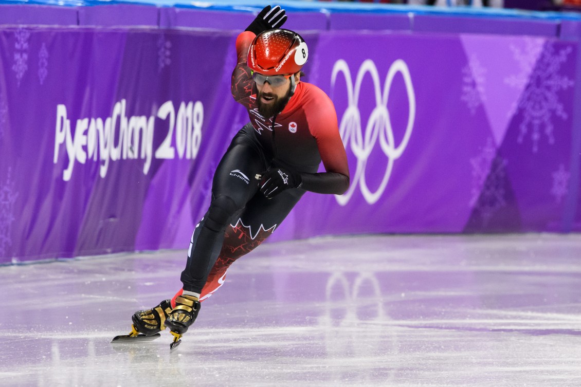 Charles Hamelin in action during the Short Track Speed Skating Men's 1000m of the PyeongChang 2018 Winter Olympic Games at Gangneung Ice Arena on February 17, 2018 in Gangneung, South Korea