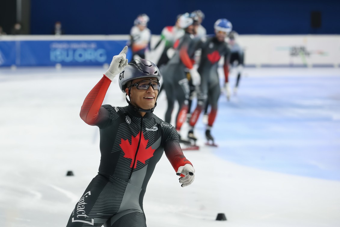 Jordan Pierre-Gilles of Canada celebrates after winning with Team Canada Men`s 5000m Relay final race during the ISU World Cup Short Track at Fönix hall on November 21, 2021 in Debrecen, Hungary.