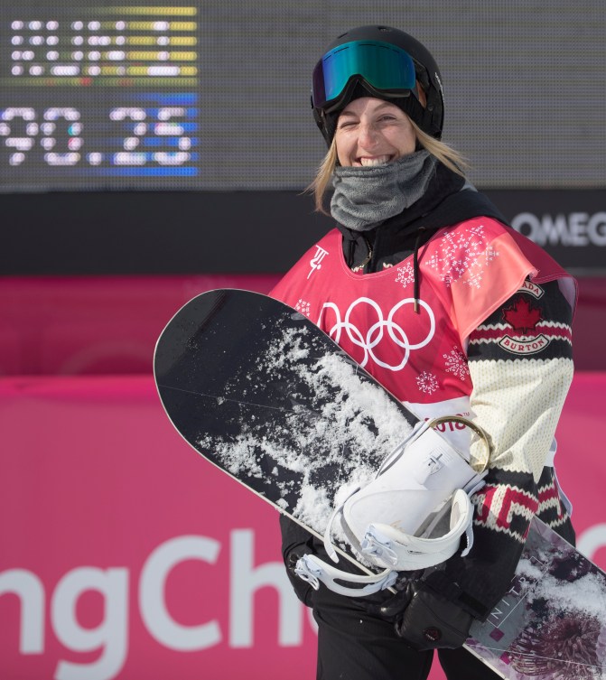 Canada's Laurie Blouin smiles after a decent jump during qualification rounds in the ladies' big air event at the PyeongChang 2018 Olympic Winter Games in Korea, Monday, February 19, 2018. 