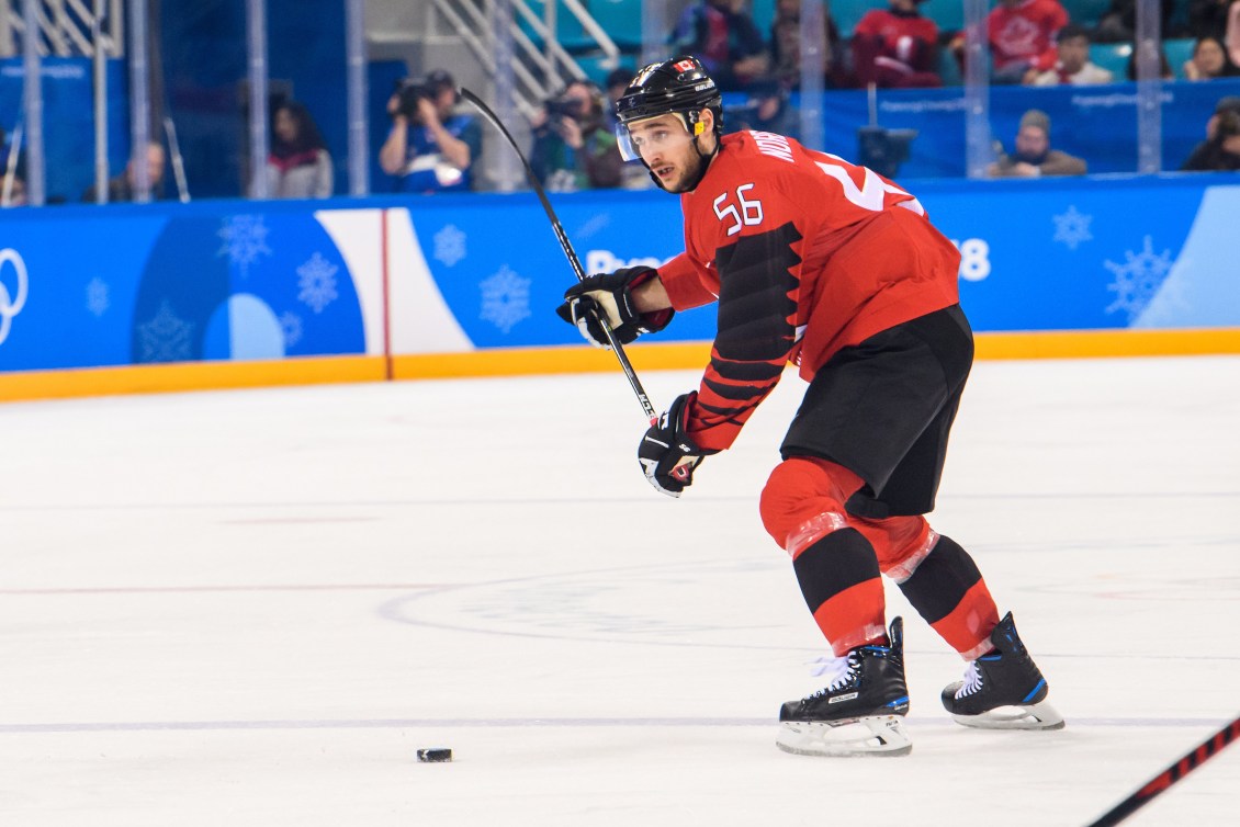 Canada defenseman Maxim Noreau (56) takes a shot on net during the Men's Hockey Play-offs Semifinals of the PyeongChang 2018 Winter Olympic Games Germany vs Canada at Gangneung Hockey Centre on February 23, 2018 in Gangneung, South Korea.