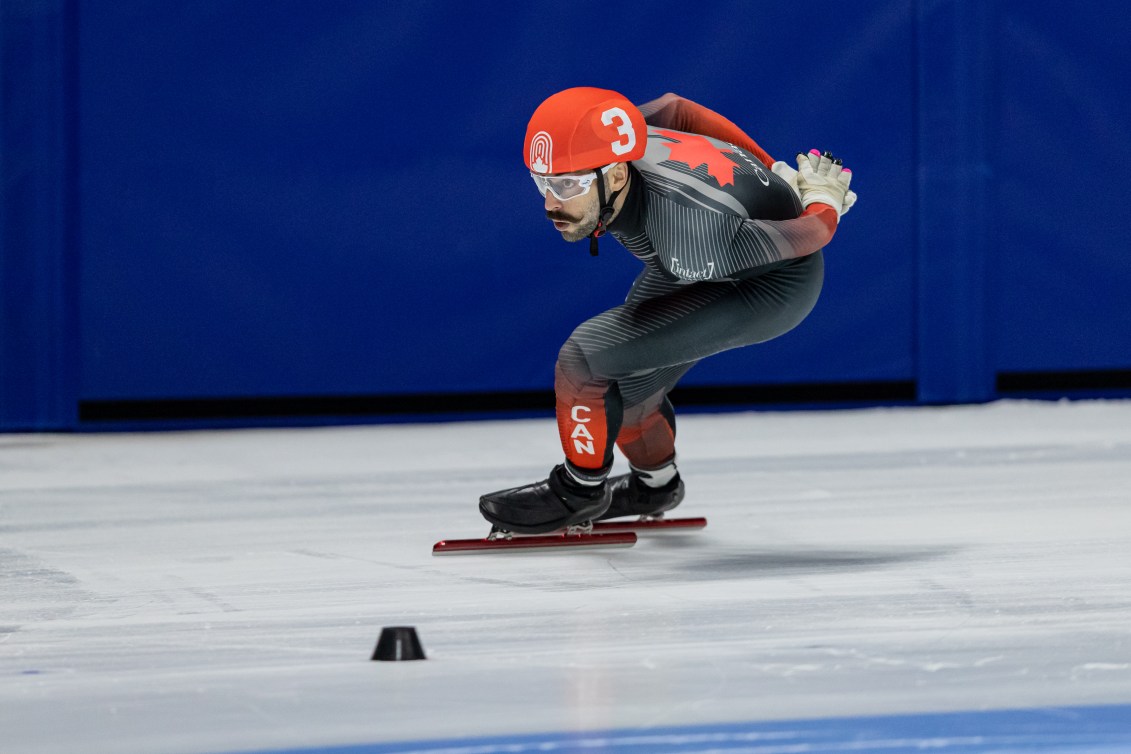 Steven Dubois of Canada skates during a race.