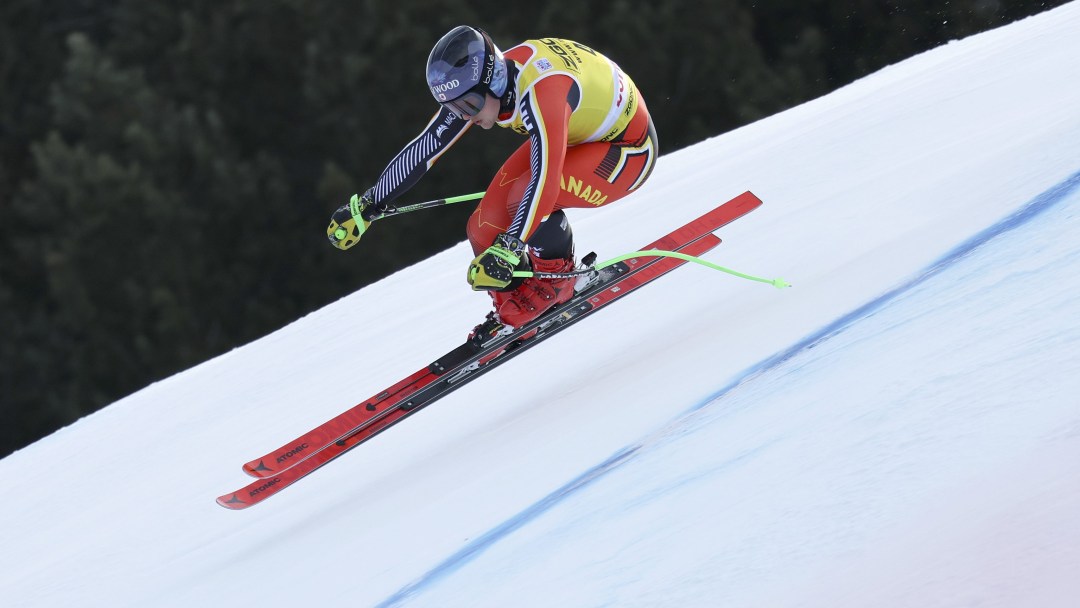 Canada's Brodie Seger speeds down the slope during an alpine ski, men's World Cup downhill training, in Bormio, Italy, Monday, Dec. 27, 2021.