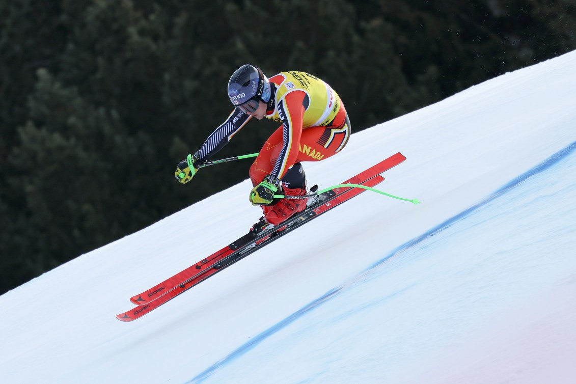 Canada's Brodie Seger speeds down the slope during an alpine ski, men's World Cup downhill training, in Bormio, Italy, Monday, Dec. 27, 2021.