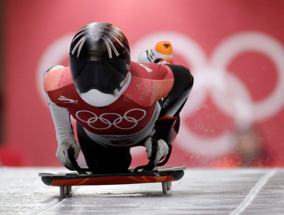 Jane Channell of Canada starts her third run during the women's skeleton competition at the 2018 Winter Olympics in Pyeongchang, South Korea, Saturday, Feb. 17, 2018.