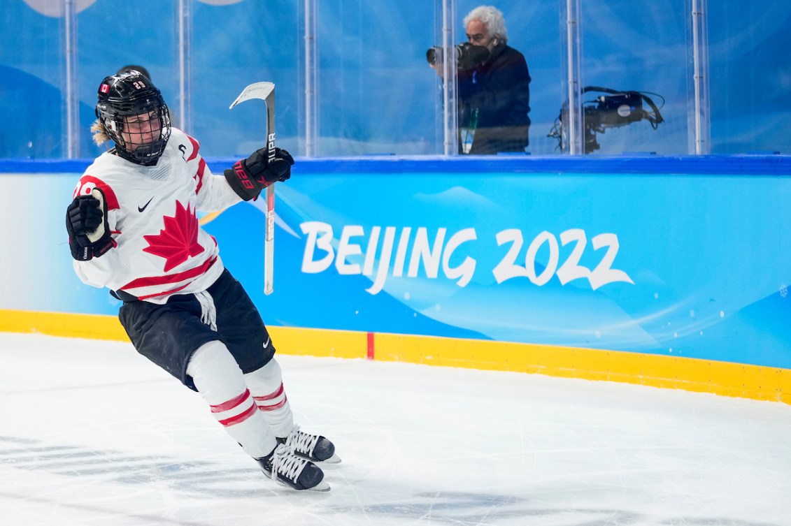 Marie-Philip Poulin #29 of Team Canada scores a penalty shot against the Team United States