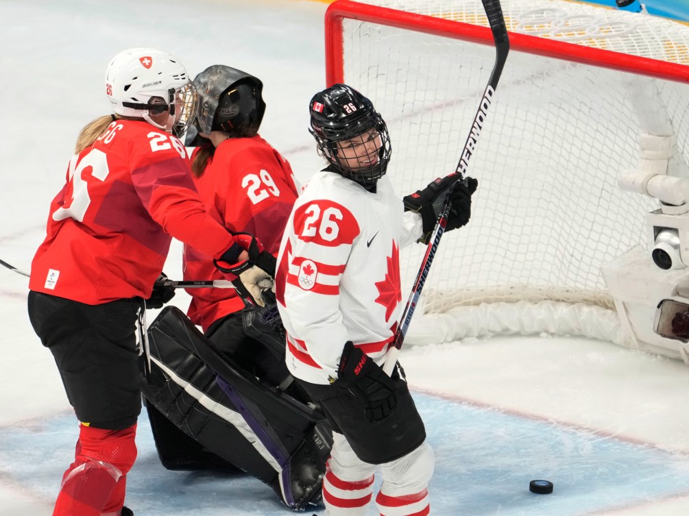 Canada forward Emily Clark (26) reacts after scoring on Switzerland