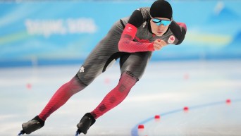 Team Canada long track speed skater Connor Howe making a turn