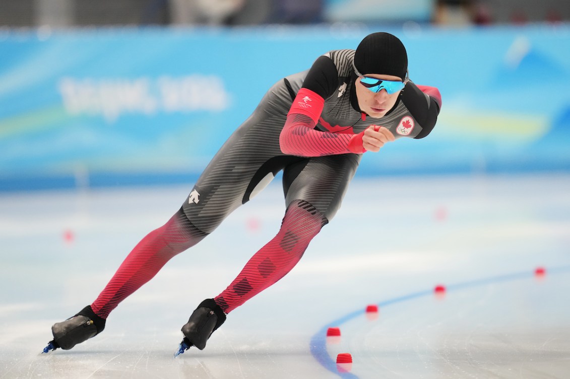 Team Canada long track speed skater Connor Howe making a turn