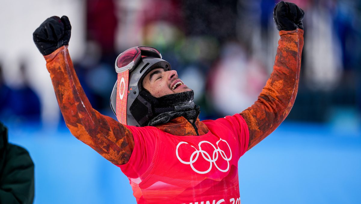 Team Canada snowboarder Eliot Grondin reacts to winning silver medal at Beijing 2022
