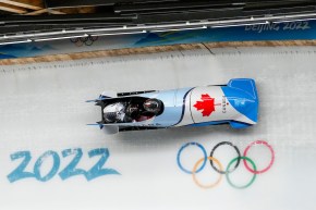 Team Canada’s Christine de Bruin and Kristen Bujnowski compete in the 2-woman bobsleigh event