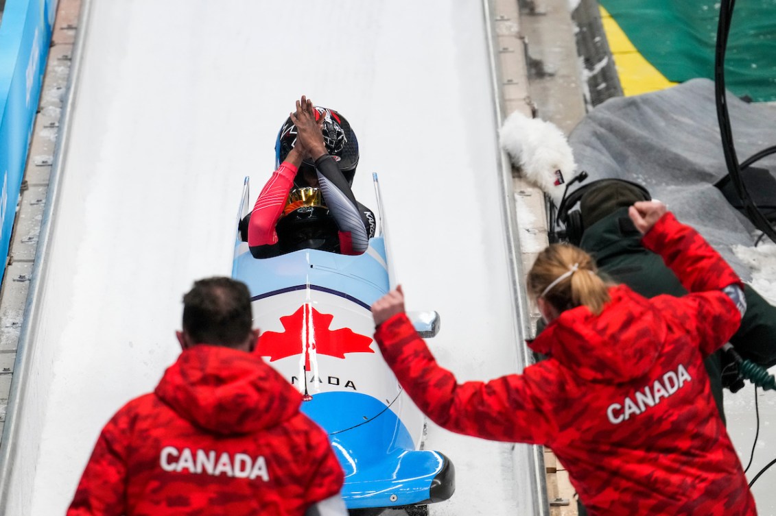 Team Canada’s Cynthia Appiah and Dawn Richardson Wilson compete in the 2-woman bobsleigh event during the Beijing 2022 Olympic Winter Games on Friday, February 18, 2022. Photo by Leah Hennel/COC 