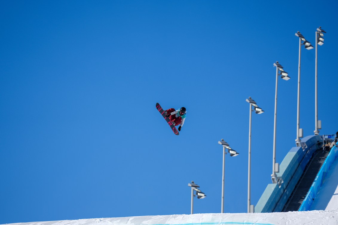 Laurie Blouin performs a snowboard big air trick 
