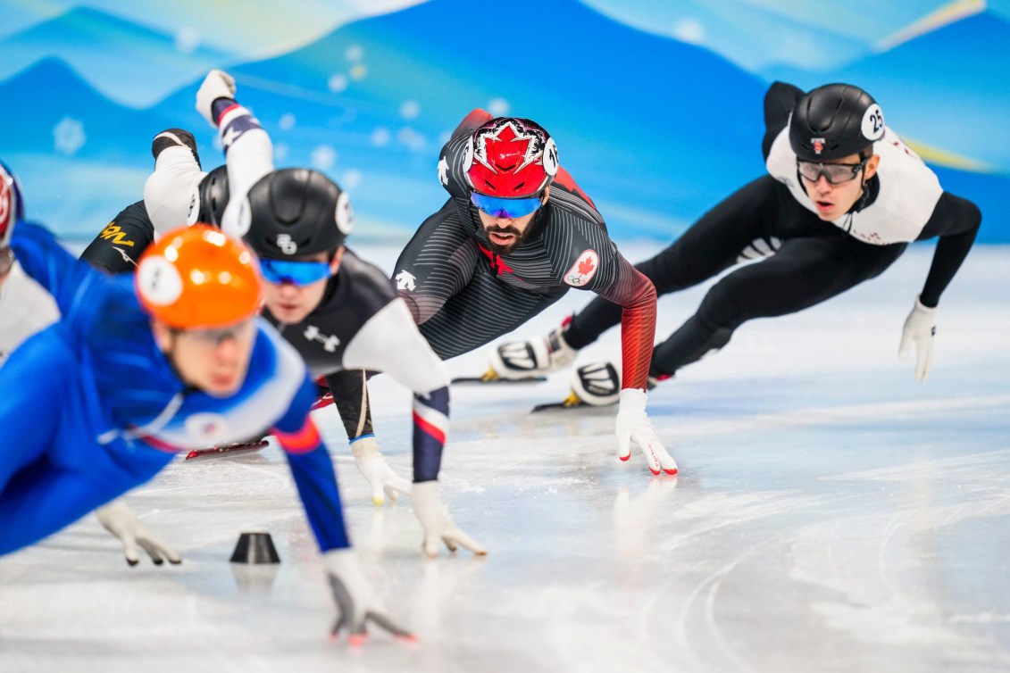 Steven Dubois leans low in a short track race