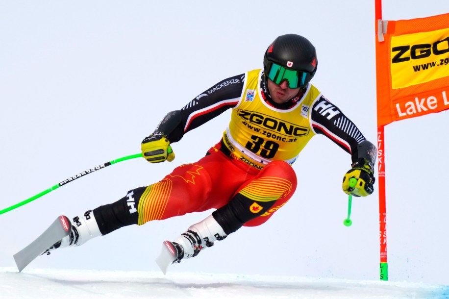 Cameron Alexander of Canada flies down the course during the second Men's World Cup downhill training run in Lake Louise, Alta., on Wednesday, November 24, 2021. THE CANADIAN PRESS/Frank Gunn