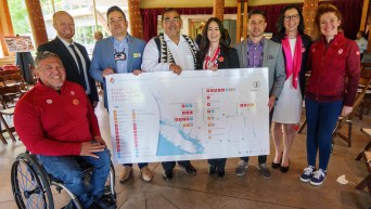 Members of the 2030 Feasibility Team pose with the venue map for the 2030 Winter Games in BC concept